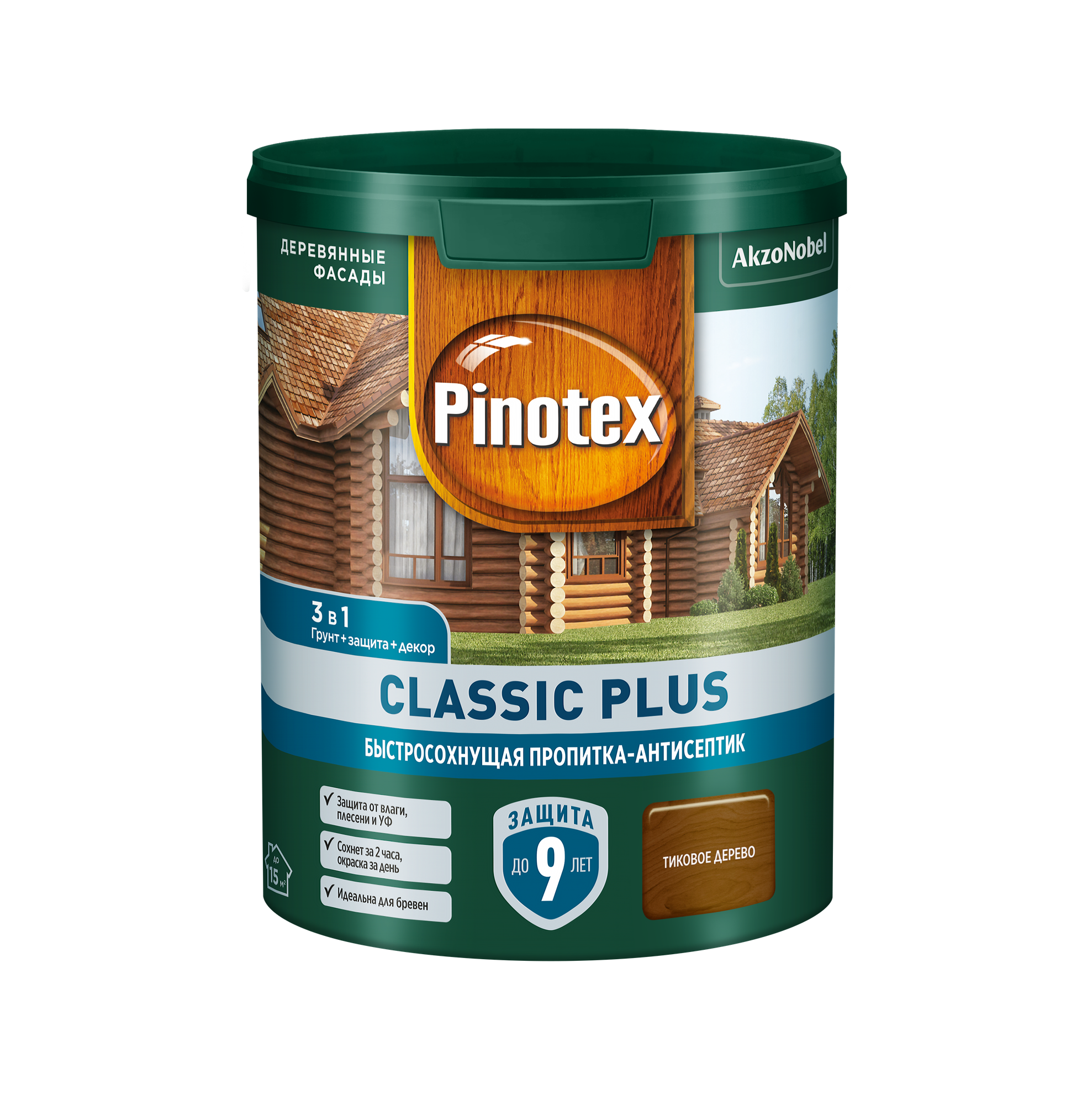 Pinotex CLASSIC PLUS пропитка-антисептик быстросохнущая 3 в 1 тиковое дерево 09 л 5727890