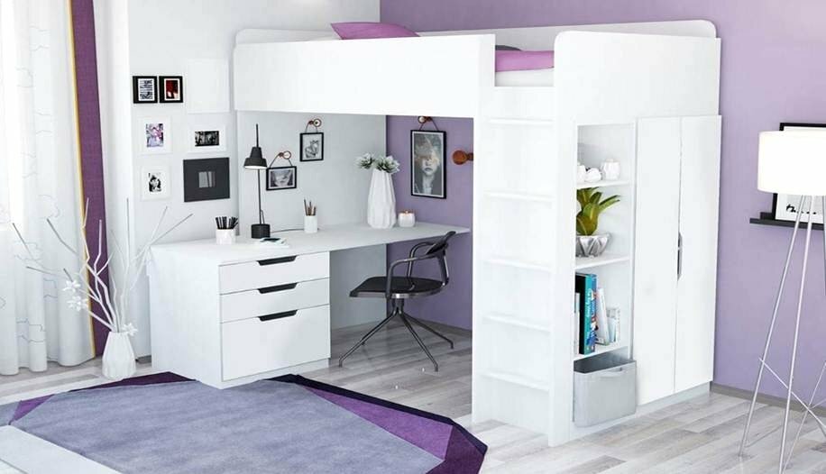 Кровать-чердак Polini Simple с письменным столом и шкафом Белый Белый
