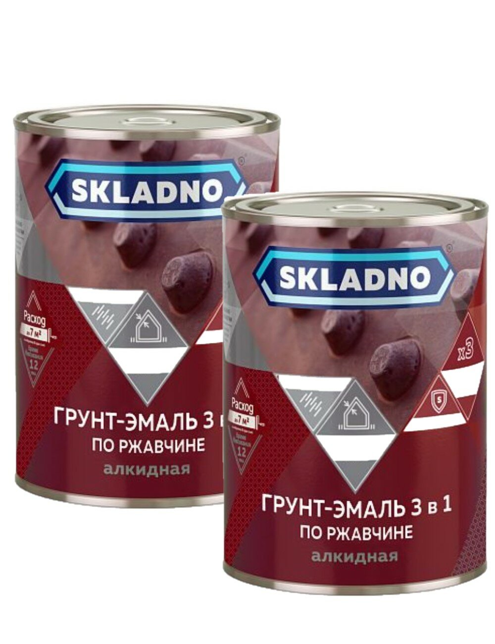 Грунт-эмаль по ржавчине Skladno, 3 в 1, красная, 1,8 кг 2шт