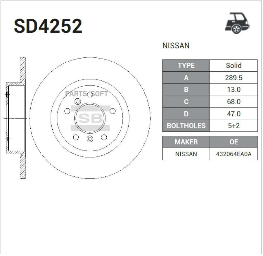 SANGSIN BRAKE SD4252 Диск тормозной задний NISSAN Qashqai II J11 13-> / RENAULT /Kadjar 15-> SANGSIN BRAKE SD4252