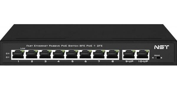 Passive PoE коммутатор Fast Ethernet на 10 портов. Порты: 8 х FE (10/100 Base-T, 52V 4,5(+) 7,8(–)) совместимы с PoE (IEEE 802.3af/at), 2 x FE (10/100