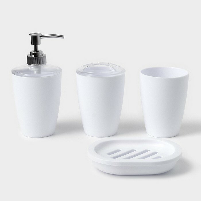 фото Набор для ванной «Эталон», 4 предмета: дозатор для мыла, мыльница, 2 стакана, 24×8×17 см, цвет белый