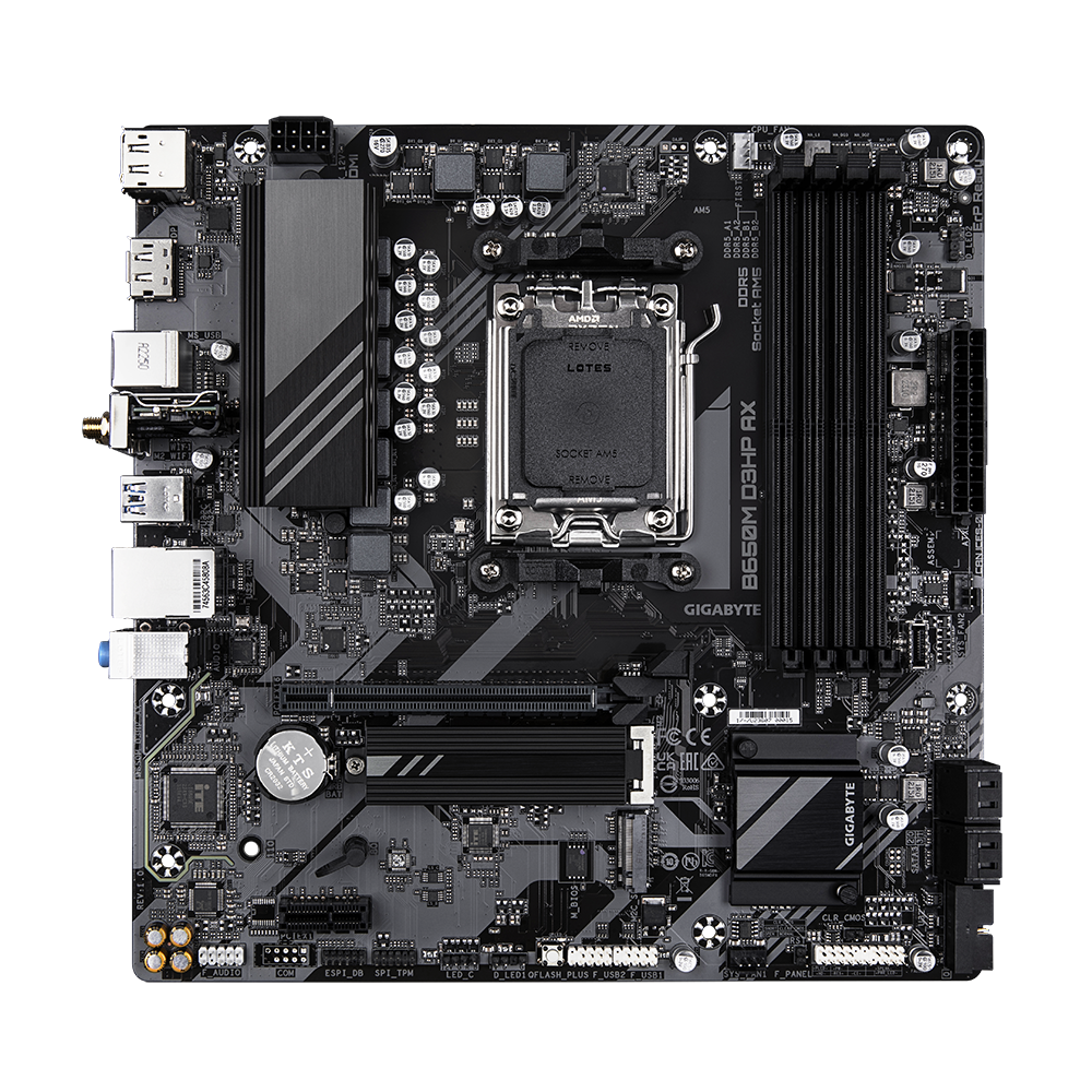 GIGABYTE Материнская плата SocketAM5 GIGABYTE B650M D3HP AX (AMD B650 4xDDR5 M.2 SATA III RAID PCI-E HDMI 2xDP 2.5Гбит LAN WiFi BT USB3.2 Type-C mATX) (ret)