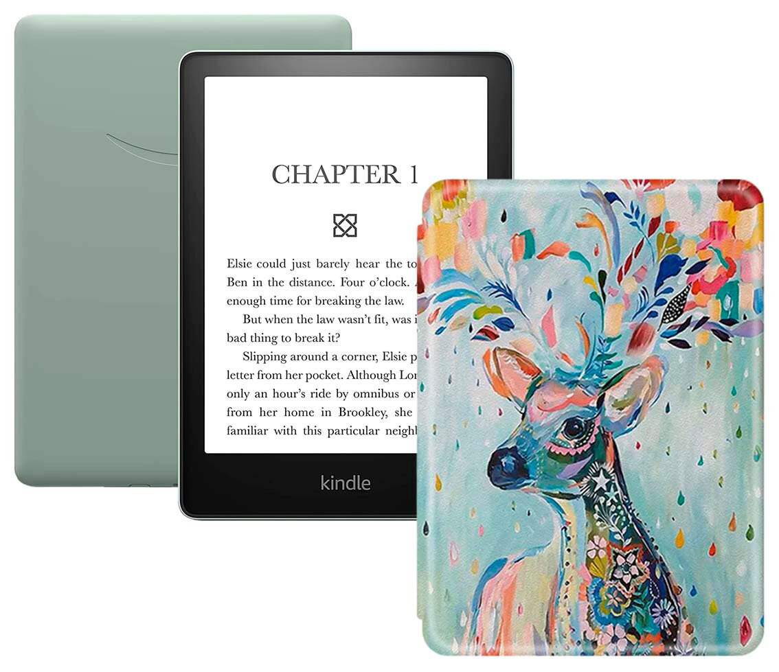 Электронная книга Amazon Kindle PaperWhite 2021 16Gb Ad-Supported Agave Green с обложкой ReaderONE PaperWhite 2021 Deer