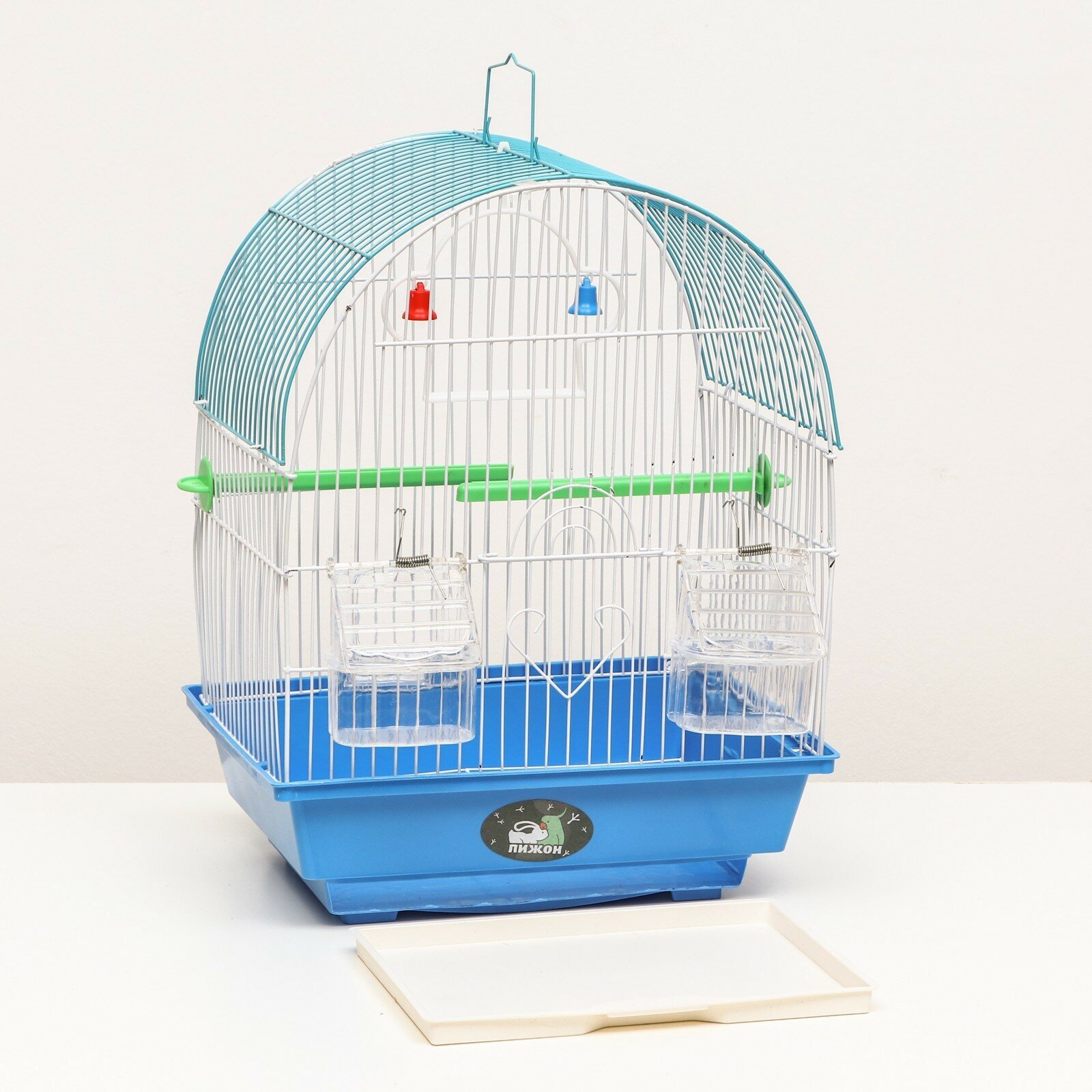 Клетка для птиц овальная с кормушками, 30 х 23 х 39 см, синяя - фотография № 3