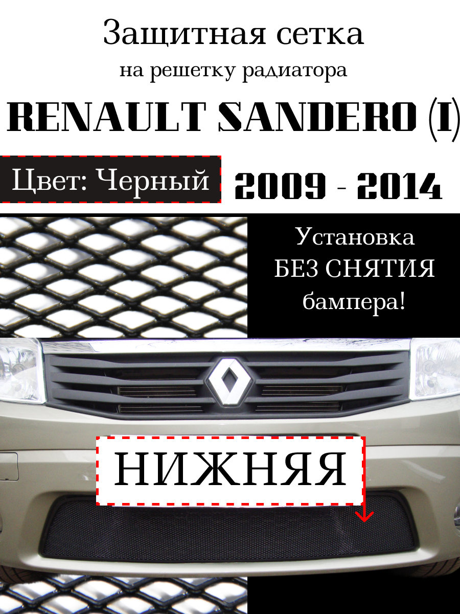 Защита радиатора (защитная сетка) Renault Sandero 2010-2014 черная