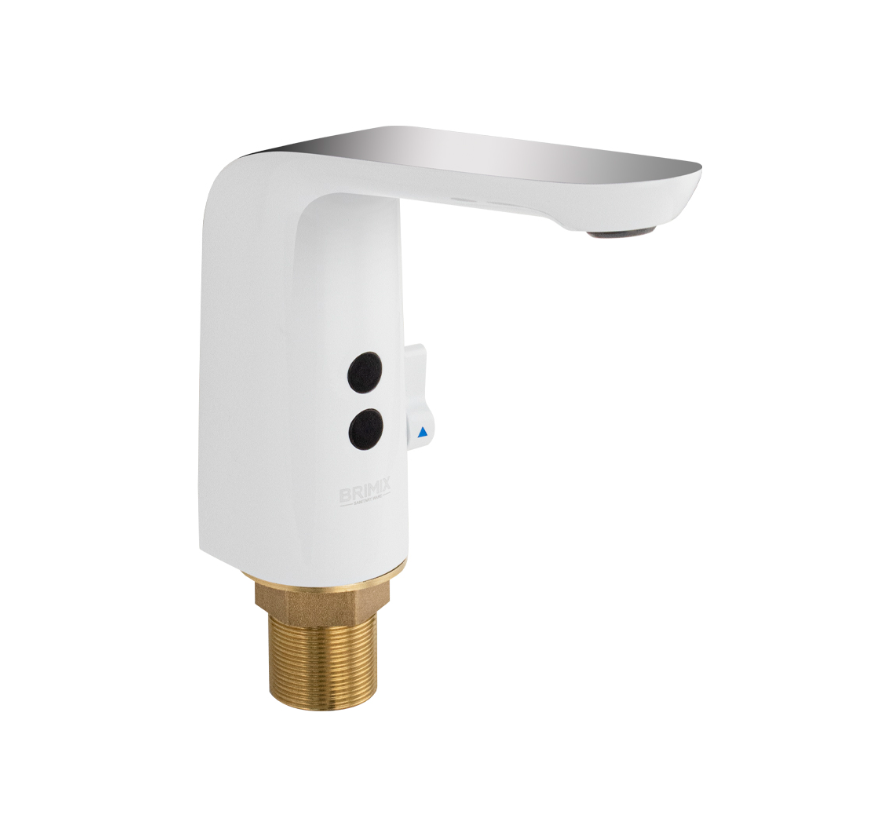 фото Смеситель сенсорный на раковину, белый с хромированной вставкой, с регулировкой температуры воды на корпусе, квадратный корпус, работа от батареек