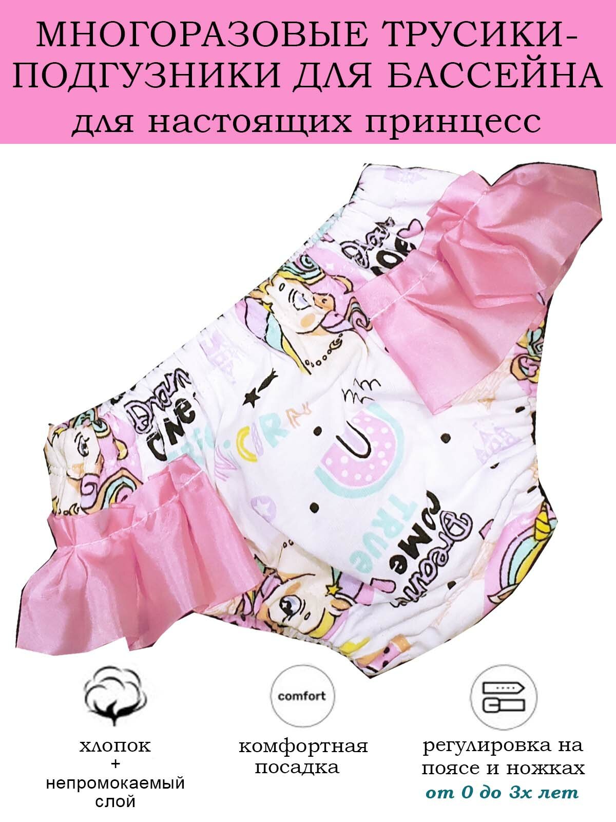 фото Многоразовые трусики-подгузники для плавания от 0 до 3х лет модель Единорожки с рюшами р.М