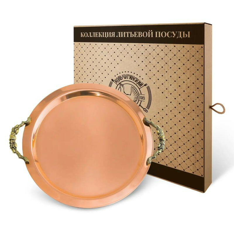 фото Кольчугинский мельхиор Поднос декоративный круглый с накладками "Дуб" медный (КМ1810ПС01)