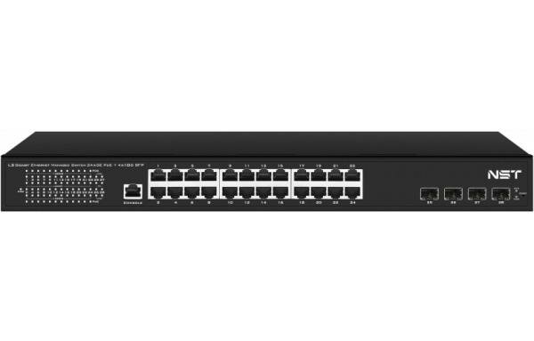 Управляемый L3 PoE коммутатор на 24xGE RJ-45 c PoE + 4х10G SFP+ порта. Порты: 2 x GE (10/100/1000 Base-T) с PoE (до 90W, A+B) + 22 x GE (10/100/1000 B