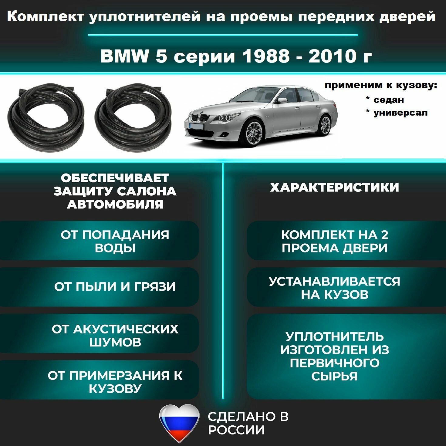 Комплект уплотнителей проема передних дверей, подходит на BMW 5 серии 1988 - 2010 г кузов Е34, Е36, Е38, Е39, Е60 / БМВ 5 - 2 шт