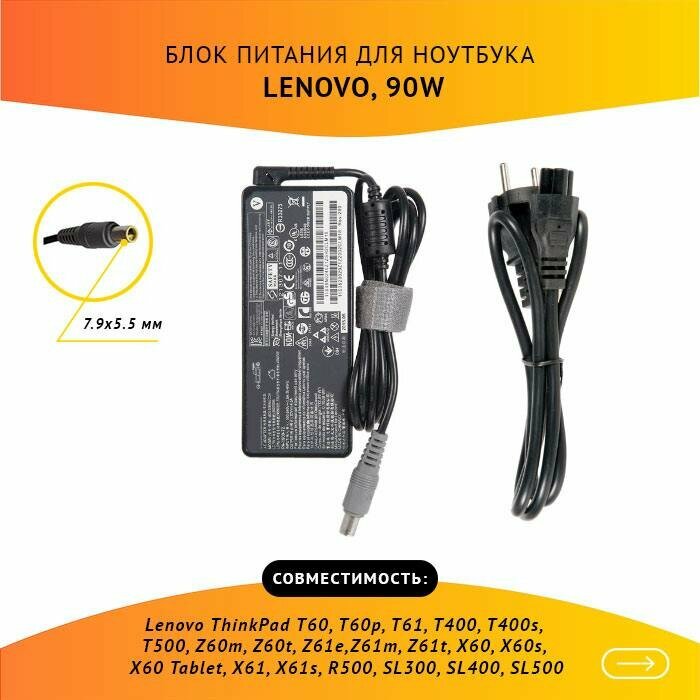 Блок питания для ноутбука Lenovo ThinkPad T60, T60p, T61, T400, T400s, T500, Z60m, Z60t, Z61e, Z61m, Z61t, X60, X60s, X60 Tablet, X61, X61s, R500, SL300, SL400, SL500, 20V, 4.5A, 90W, 7.9х5.5 с кабелем