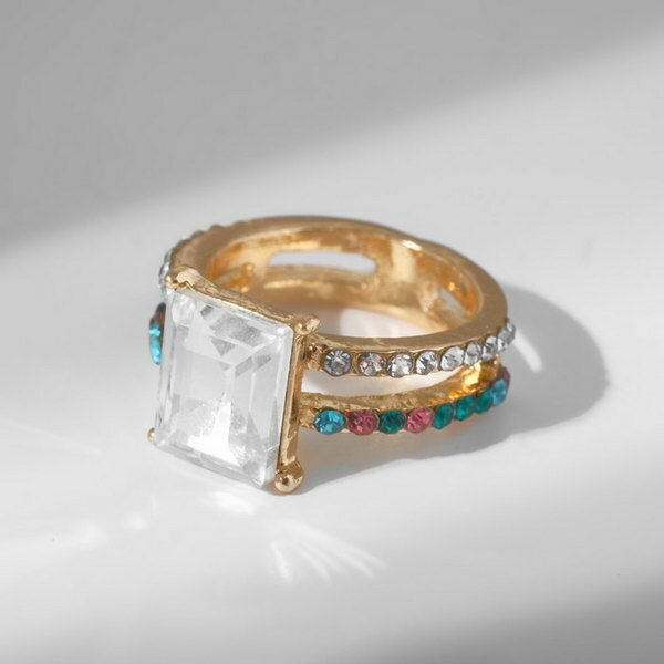 Кольцо женское с камнями - Драгоценность две линии цветное с золотым 18 мм 1 шт.