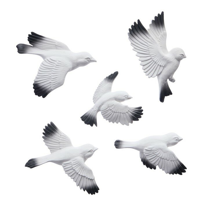 Декор настенный, панно "Птицы" 5 шт, белые с черными крыльями