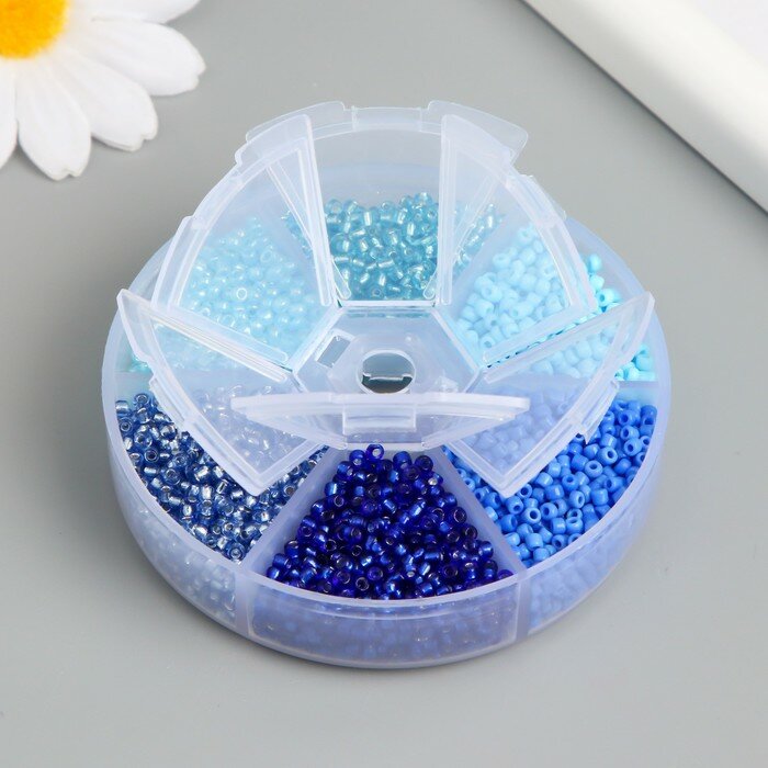 фото Бисер стекло 8/0 (3 мм) в шкатулке "Синий" 6 цветов х 10 гр 8х8х2 см