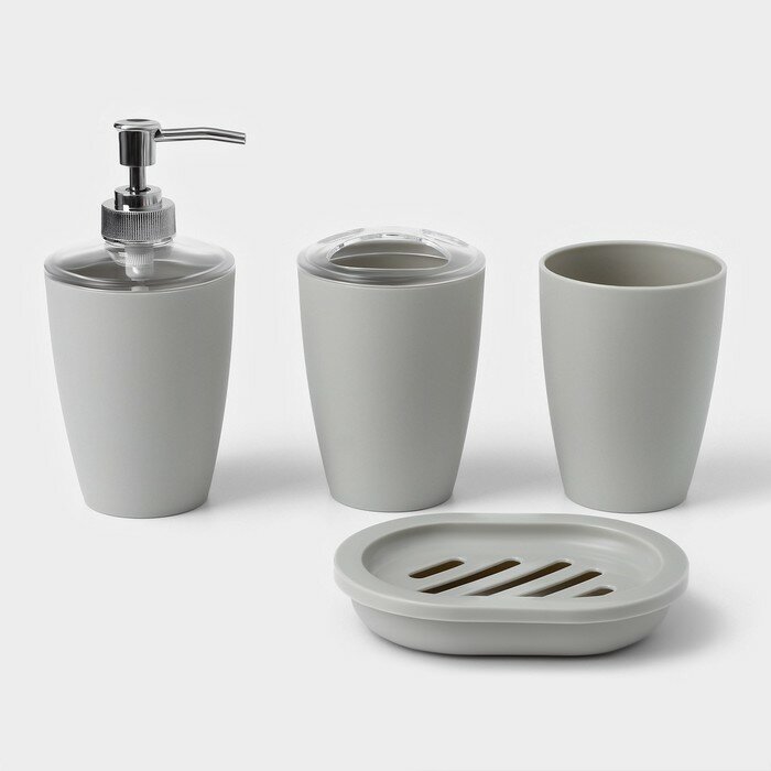 фото Набор для ванной «Эталон», 4 предмета: дозатор для мыла, мыльница, 2 стакана, 24×8×17 см, цвет серый