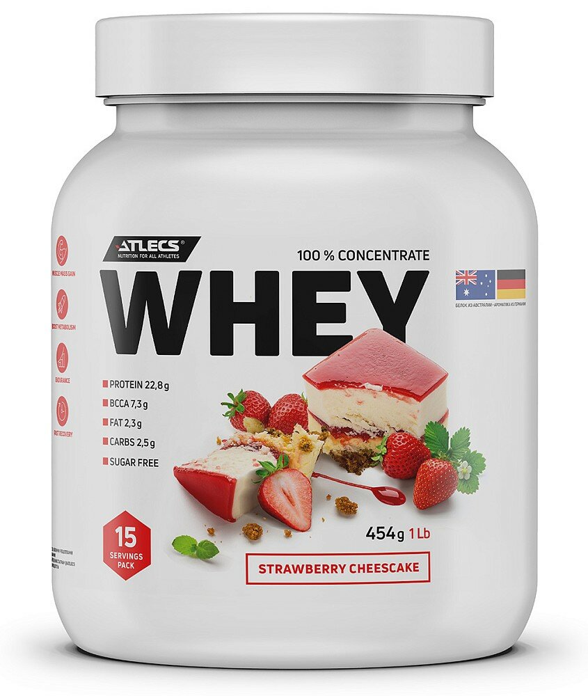 Atlecs Whey Protein 454 g, (клубничный чизкейк)