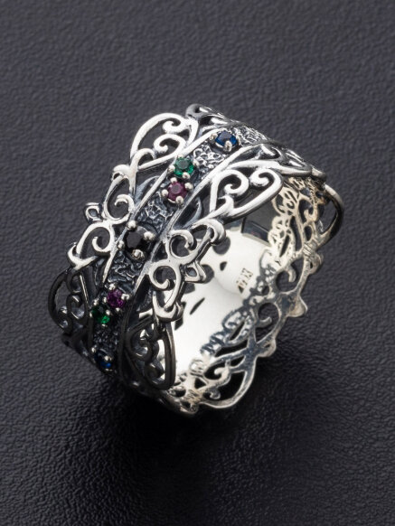 Кольцо обручальное Angelskaya925 Кольцо серебряное с камнями Спаси и Сохрани серебро широкое, серебро, 925 проба, чернение, фианит, размер 15.5, зеленый, синий