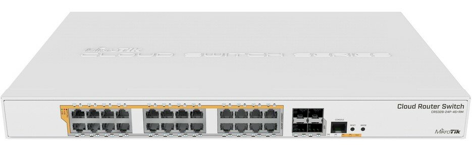 Коммутатор MIKROTIK CRS328-24P-4S+RM Cloud Router Switch with 800 MHz CPU 512MB RAM 24xGigabit LAN (all PoE-out) 4xSFP+ cages RouterOS L