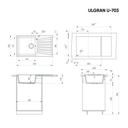 Мойка кухонная Ulgran U-700 -343 антрацит - фото №2