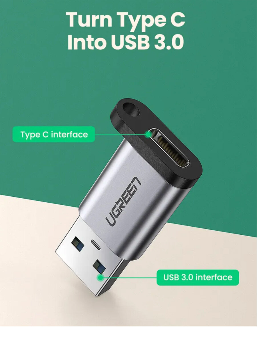 Адаптер UGREEN US276 (50533) USB 3.0-A to USB-C M/F Adpater серый - фото №2