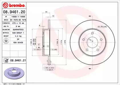 08.9461.20диск тормозной задний 1.61.82.02.2 00 для NISSAN PRIMERA универсал (WP12) 2.0 BREMBO 08946120