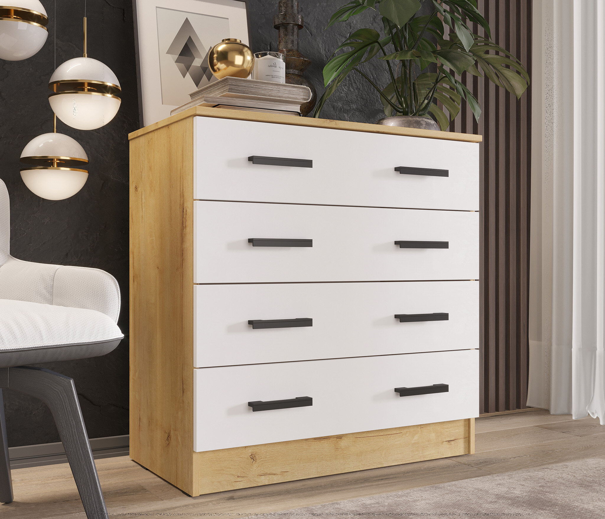 фото Комод столплит К800 с 4 ящиками, ЛДСП, Дуб вотан-Белый гладкий, 80х44х83 см