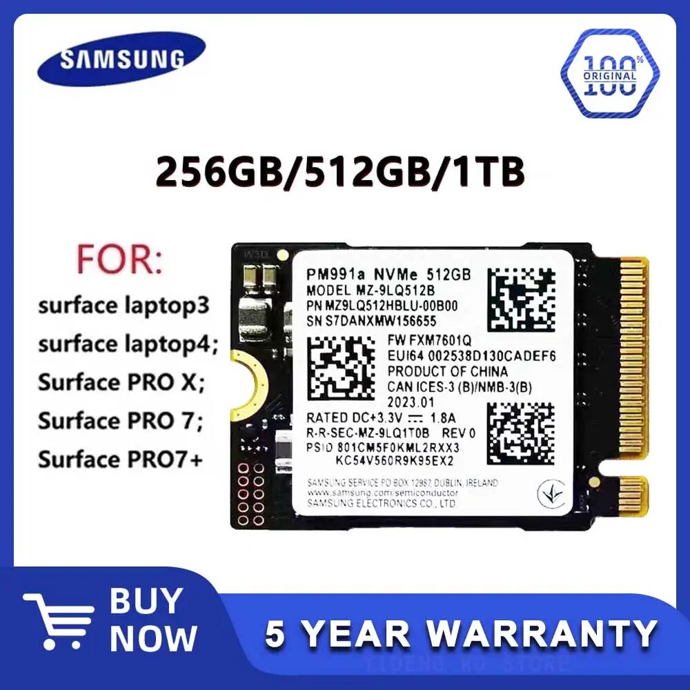 Внутренний твердотельный накопитель Samsung PM991a 1T 512 ГБ SSD M.2 2230 PCIe 3,0x4 NVME SSD для Microsoft Surface Pro 7 + Steam Deck