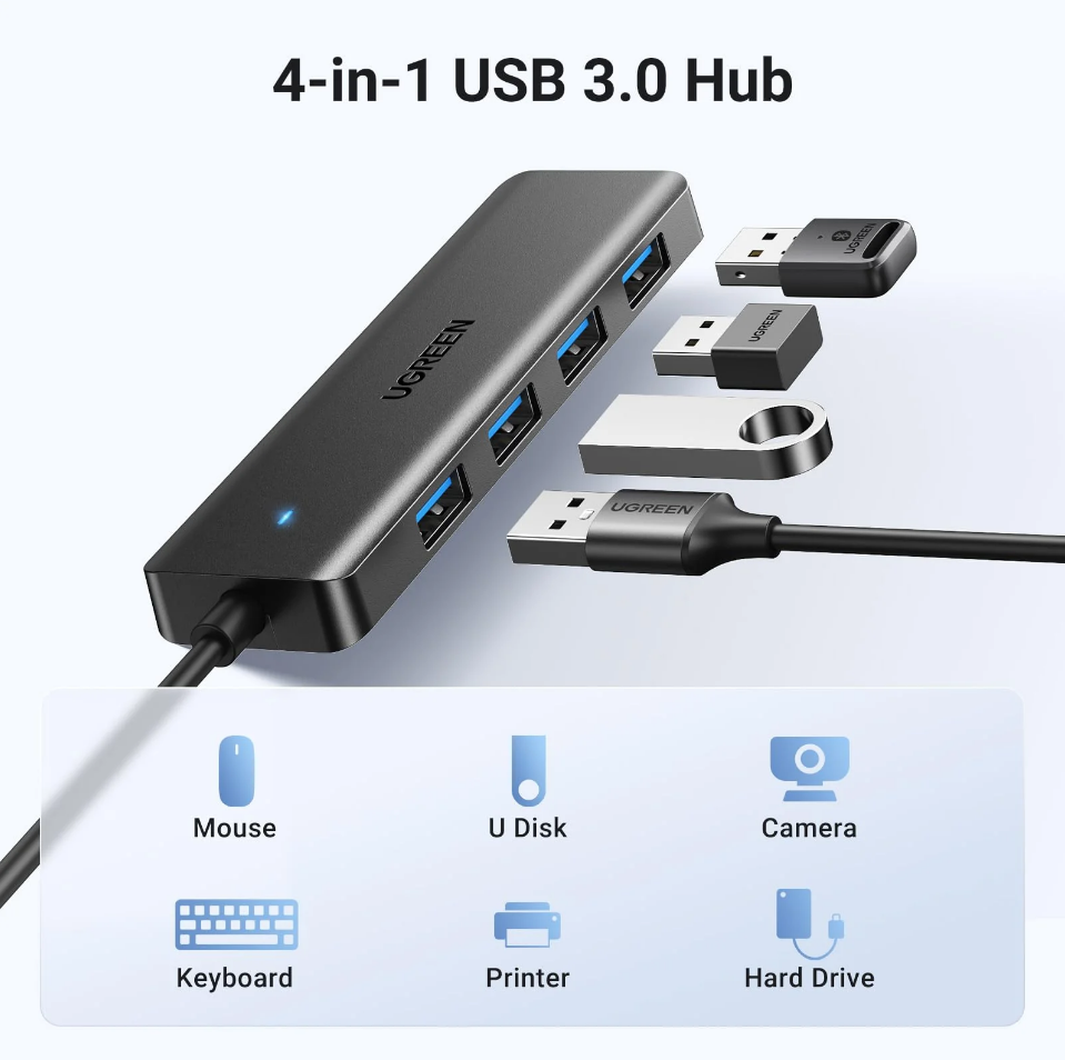 Хаб UGREEN CM219 (25851) 4-Port USB 3.0 Hub с портом питания USB-C. Цвет: черный