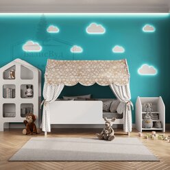 Кровать детская домик с текстилем" (бежевый со звездами, вход справа) "Базовый"