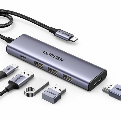 Конвертер UGREEN CM511 (15596) USB-C To HDMI+3*USB 3.0 A+PD Power Converter. Цвет: серебристый.
