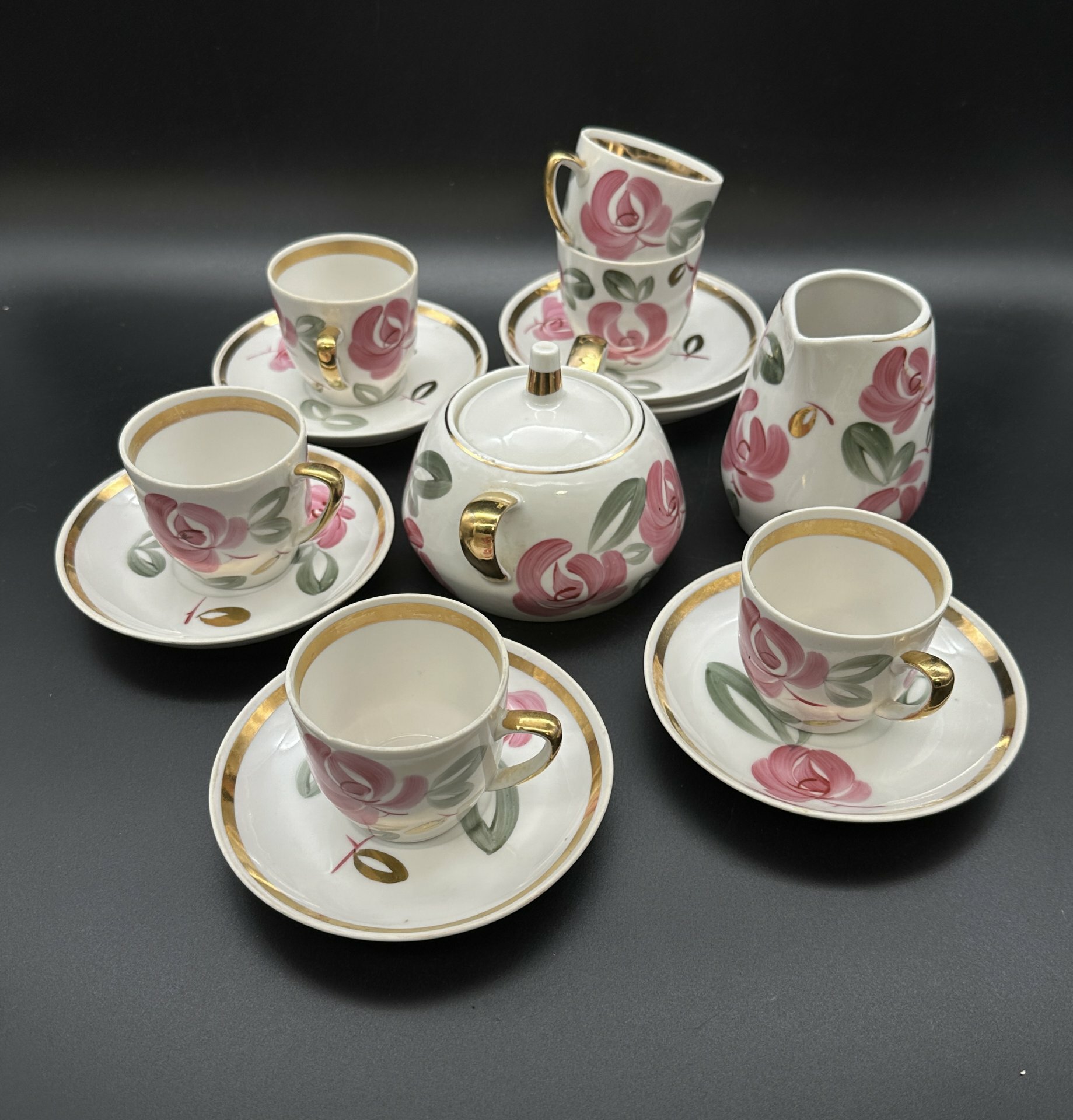 Набор чайно-кофейный с цветочным орнаментом (14 предметов), фарфор, роспись