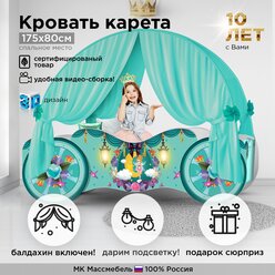 Кровать карета детская кровать для девочки «Принцесса 4.0» Бирюзовая - 179/85/60(h160)см