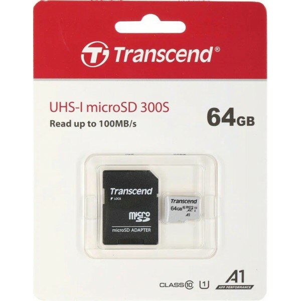 Флеш карта Micro SecureDigital 64Gb Transcend Class 10 TS64GUSD300S-A (MicroSDXC Class 10 UHS-I, SD adapter)