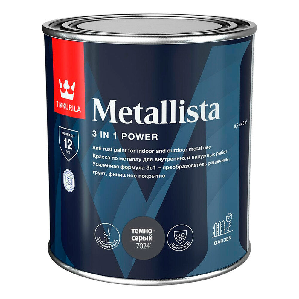 Краска по ржавчине Tikkurila Metallista темно-серая гладкая глянцевая 08 л