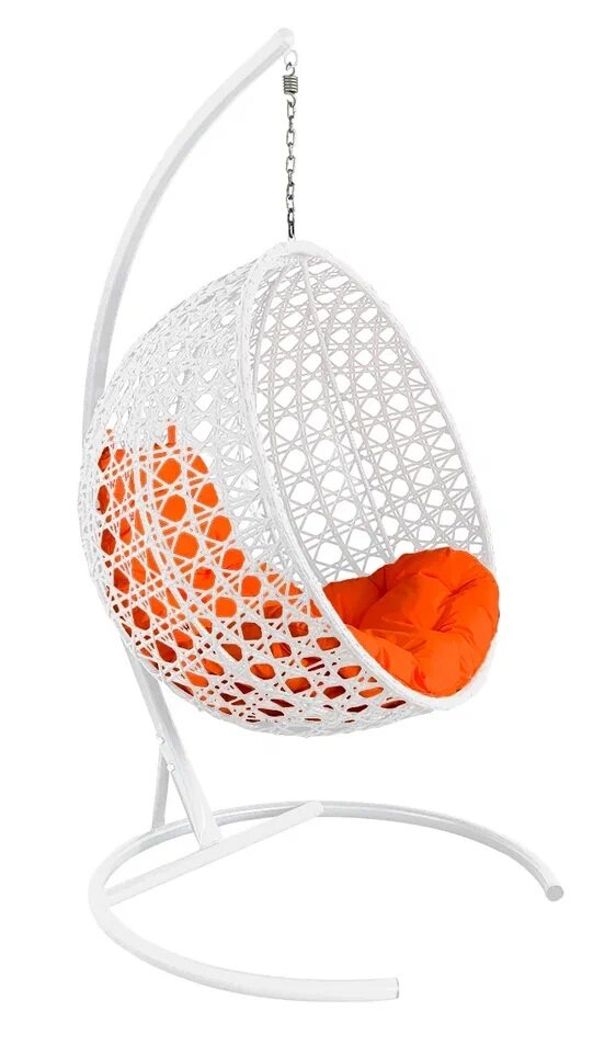 Подвесное кресло из ротанга "круг люкс" с ротангом белое, оранжевая подушка