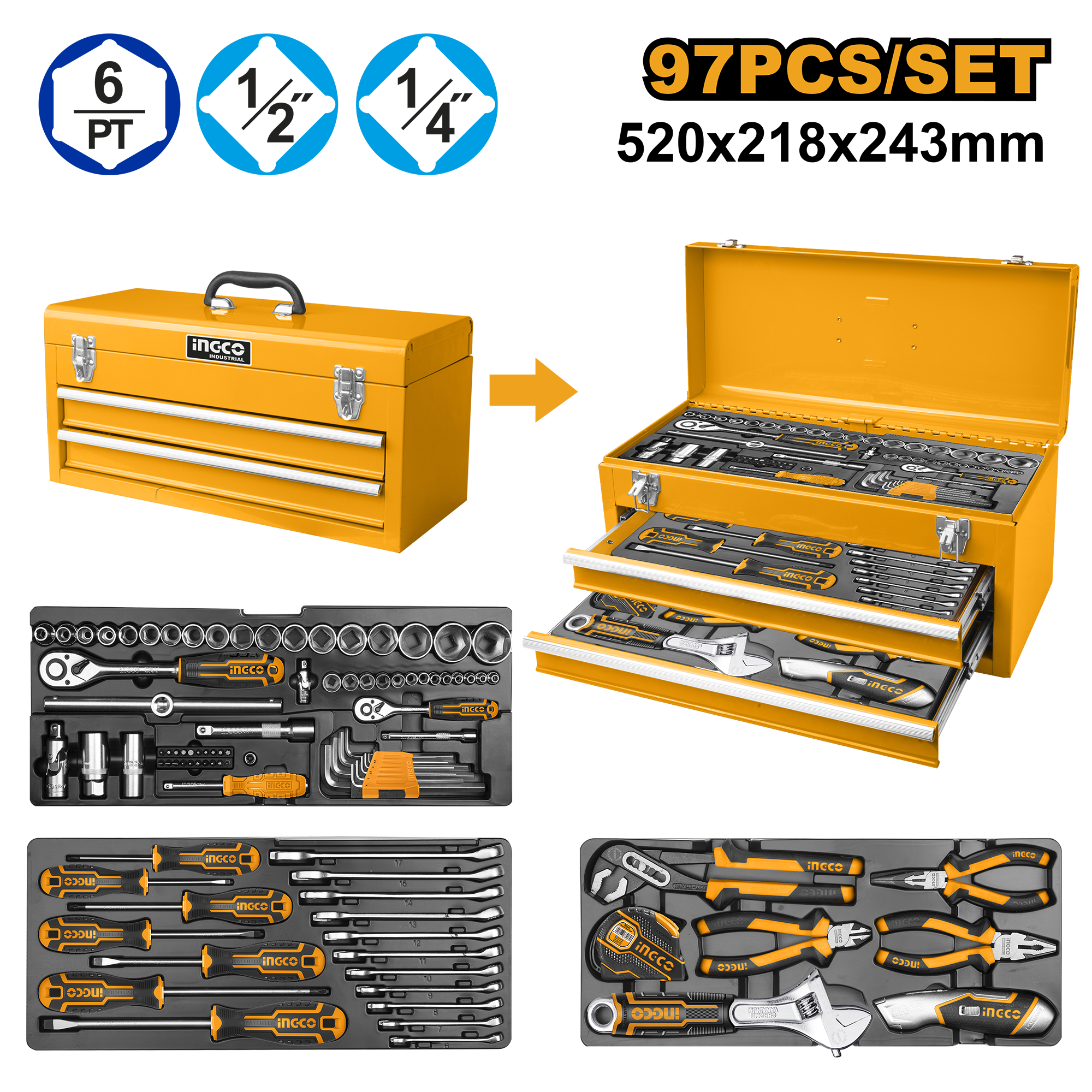 Ящик с набором инструментов INGCO HTCS220971 INDUSTRIAL 97 шт.