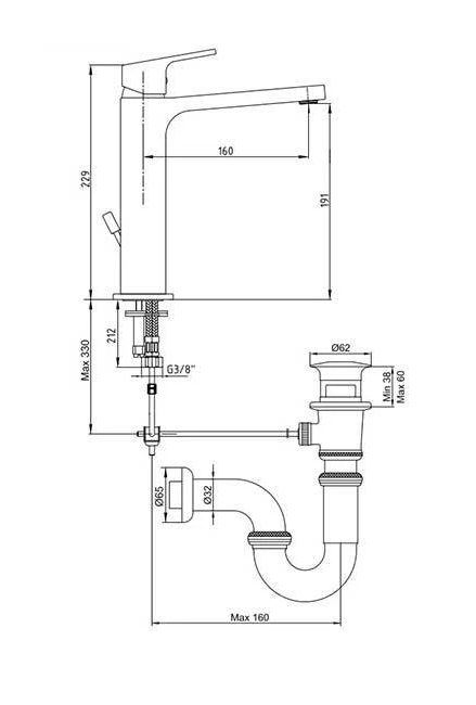 Смеситель E.C.A. Tiera 102188013EX для раковины с донным клапаном