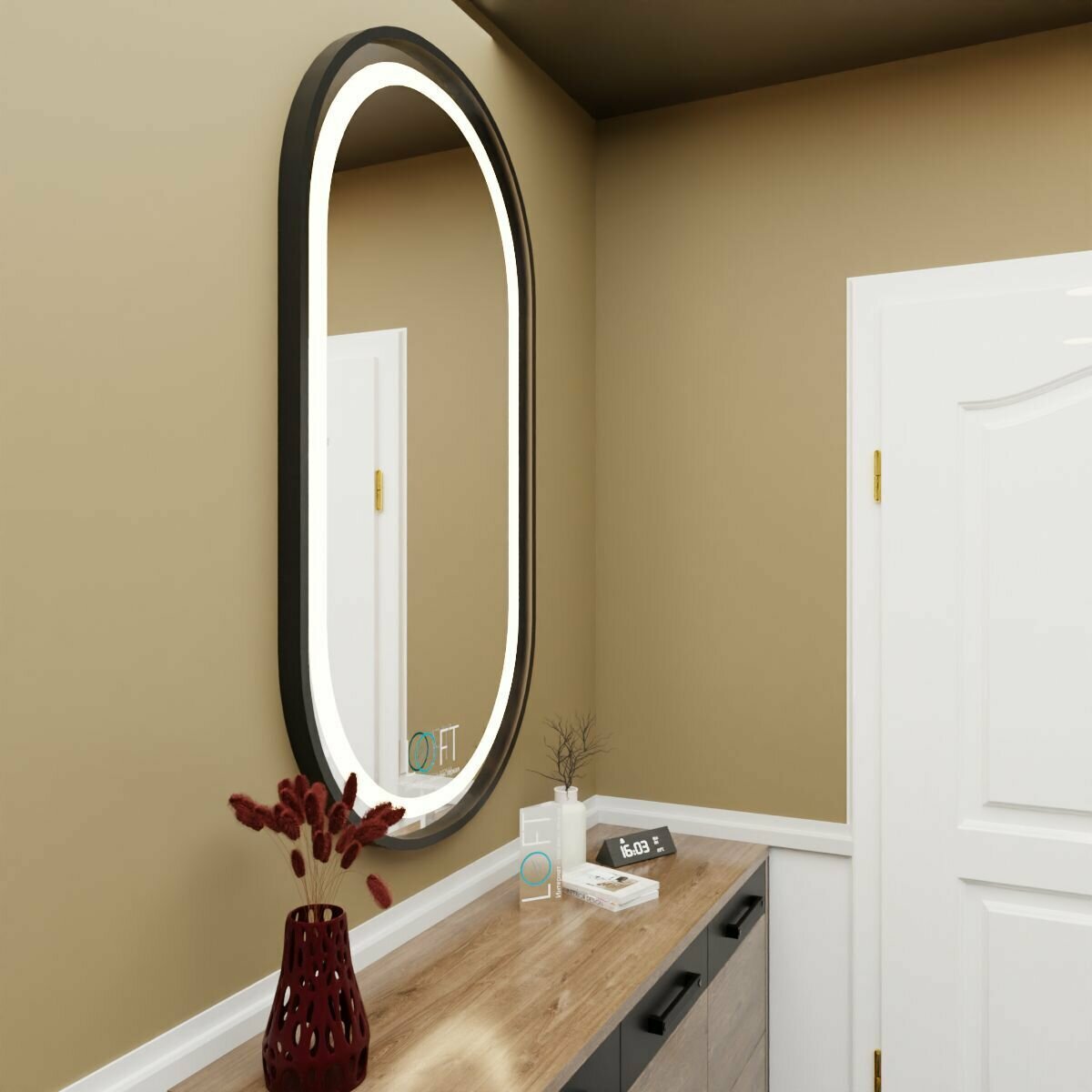 Зеркало с подсветкой настенное, лицевая подсветка, овальное зеркало в металлической раме 90х45 см., декор и интерьер, для ванной - фотография № 2