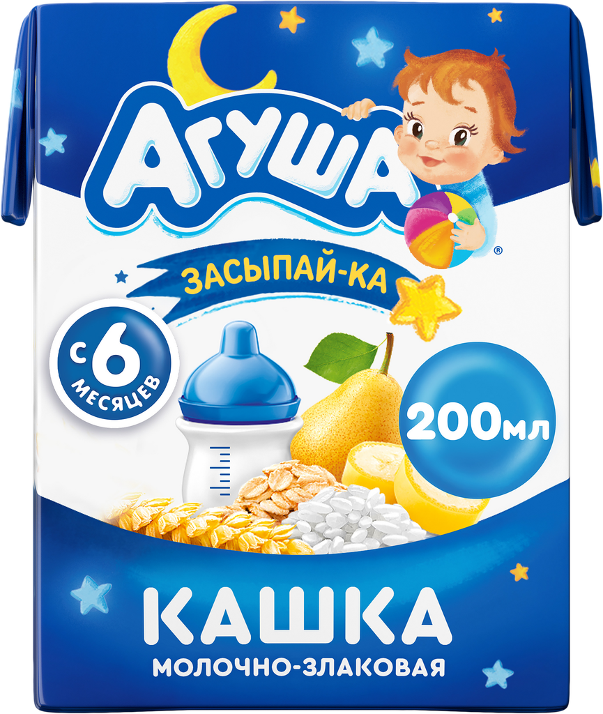 Кашка злаковая агуша Засыпай-ка молочная 2,7%, с грушей и бананом, с 6 месяцев, 200мл