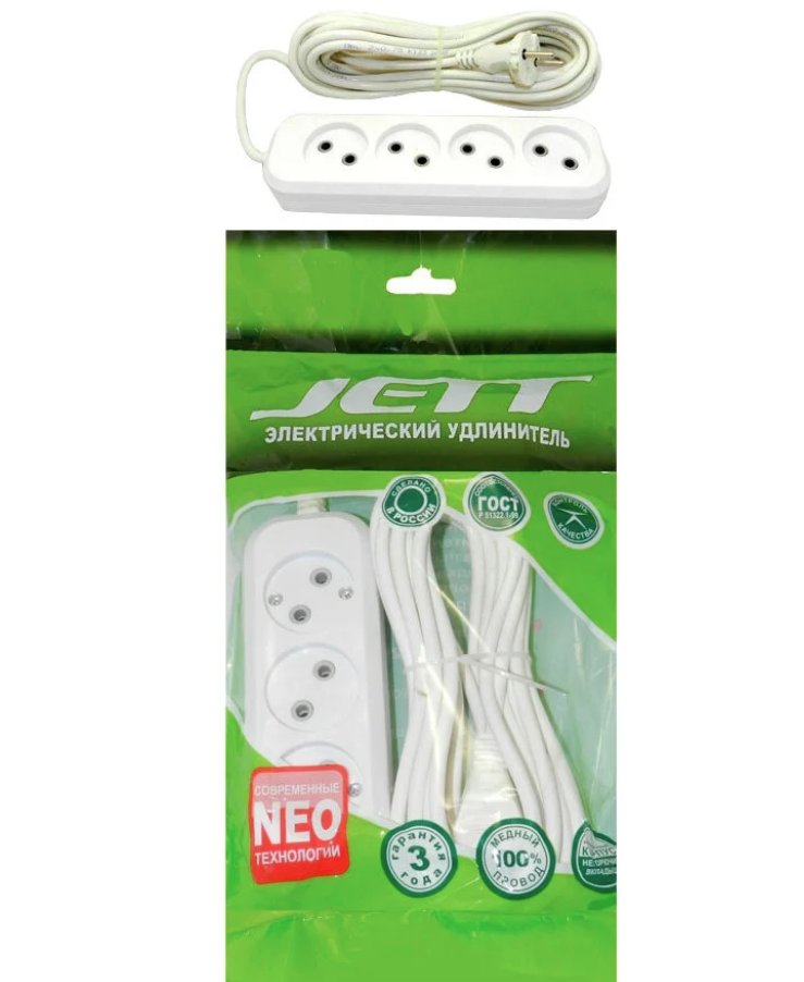 фото Удлинитель Jett 155-407 РС-4 (провод ПВС 2х0.75) , 4 розетки, б/з, 10А / 2200 Вт 7 м