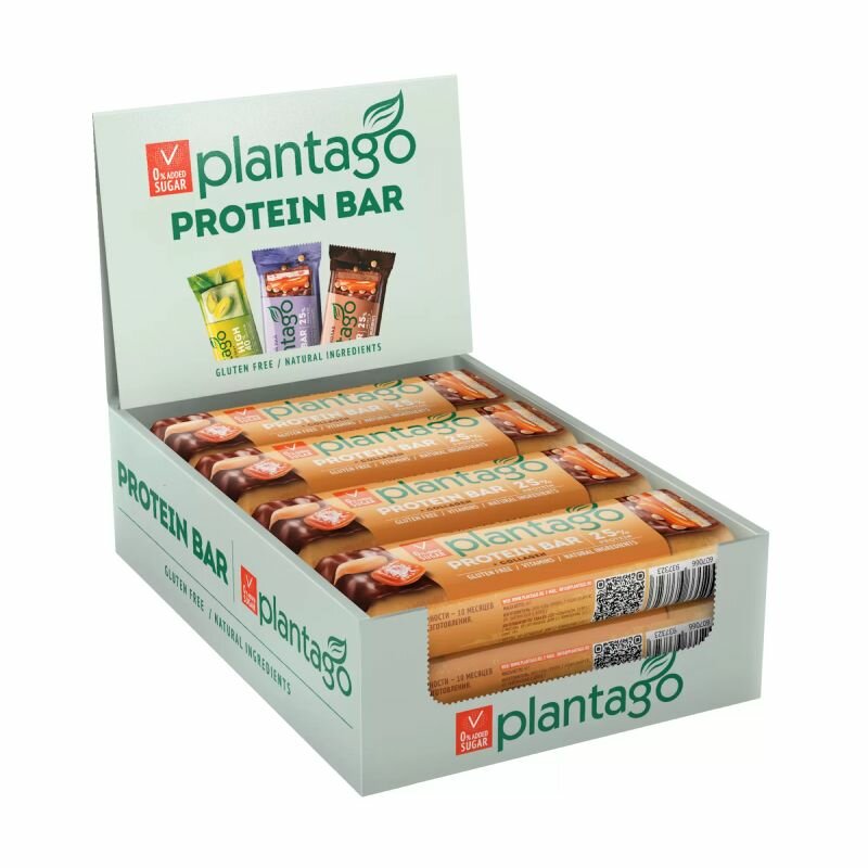 Протеиновые батончики 12 шт по 40 гр, Plantago Protein Bar + Collagen, вкус: арахис-соленая карамель, обогащен витаминами