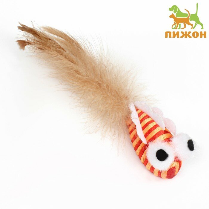 Пижон Игрушка для кошек "Полосатая рыба" с перьями, 5 см, оранжевая - фотография № 1