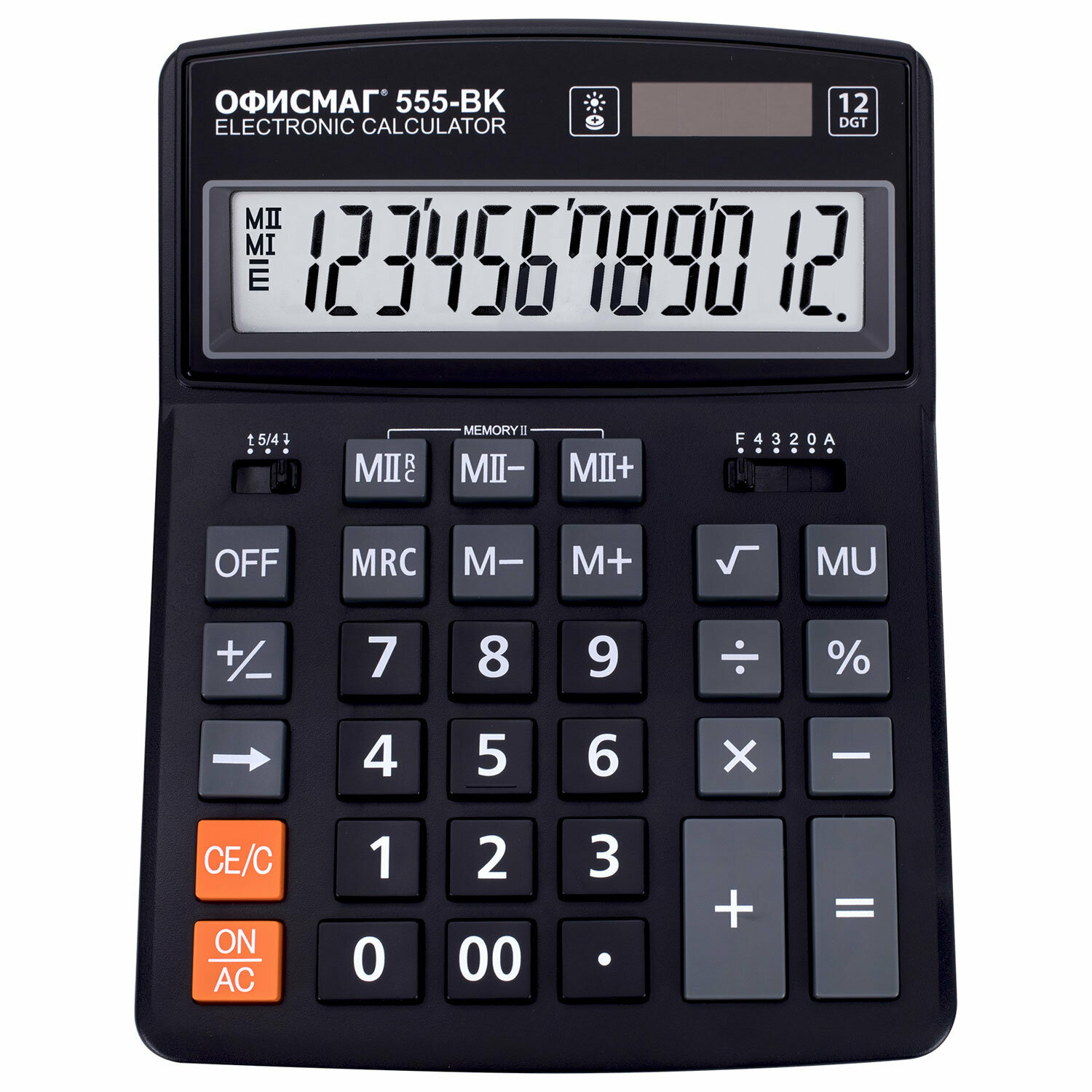 Калькулятор настольный офисмаг 555-BK (206x155 мм), 12 разрядов, двойное питание, черный, 271729, 1шт в компл.
