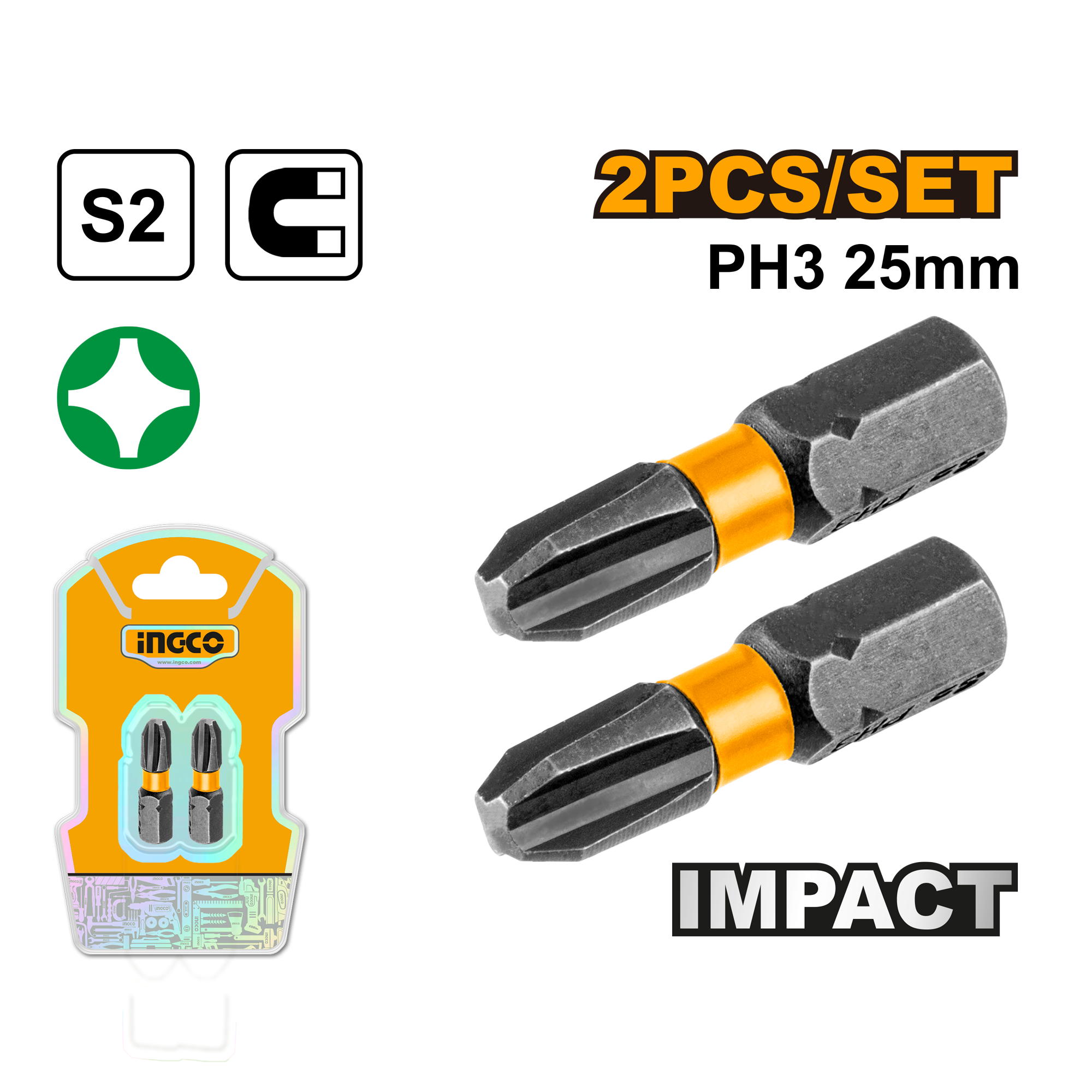 Набор ударных бит IMPACT INGCO SDBIM71PH325 INDUSTRIAL РН3х25 мм 2 шт.