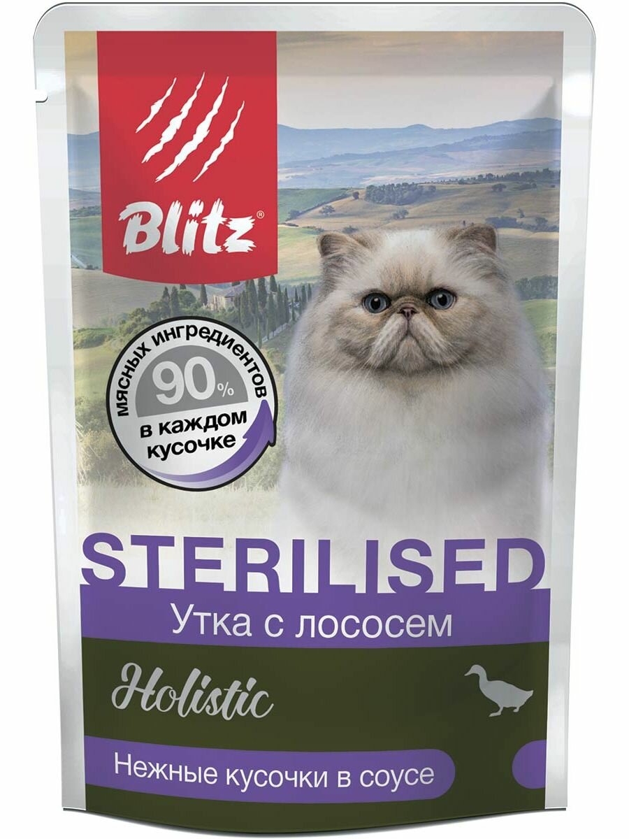 Влажный корм для кошек Blitz Holistic Sterilised, утка с лососем кусочки в соусе (85 г х 24 шт)