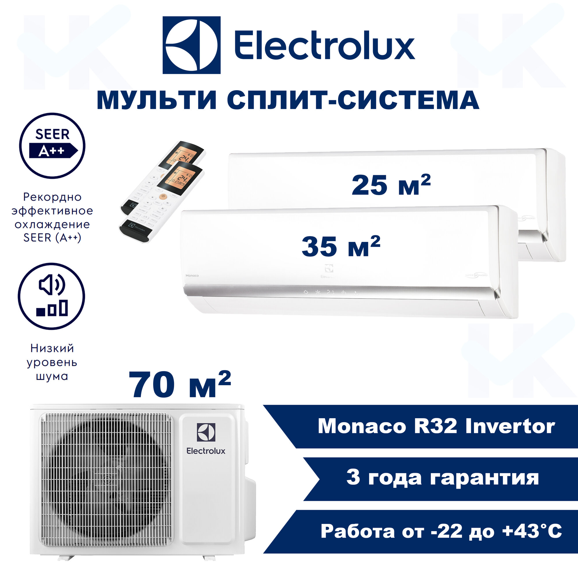 Инверторная мульти сплит-система ELECTROLUX серии Monaco на 2 комнаты (20 м2 + 25 м2) с наружным блоком 55 м2, Постоянная работа