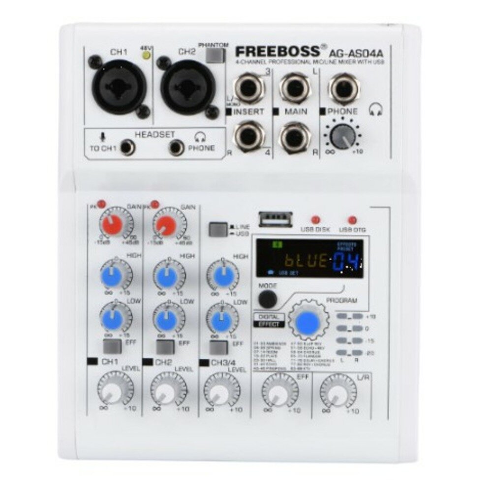 Freeboss AG-AS04A микшерный пульт 4 канала (2 моно + 1 стерео) + 48 В Bluetooth USB