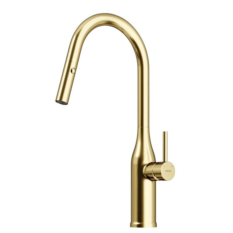 фото Смеситель для кухни с выдвижным изливом SANCOS Grand, брашированное золото. SC4002BG