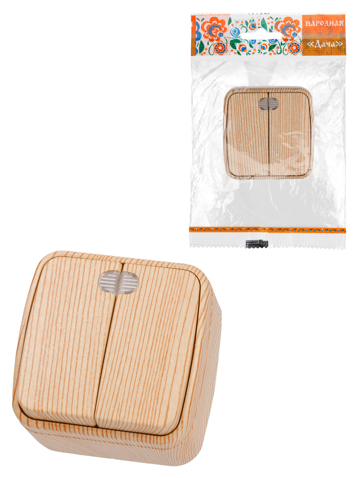 фото Выключатель 2-кл. открытой установки с подсветкой IP20 10А, сосна "Дача", Народная SQ1824-0054 (1 шт.)